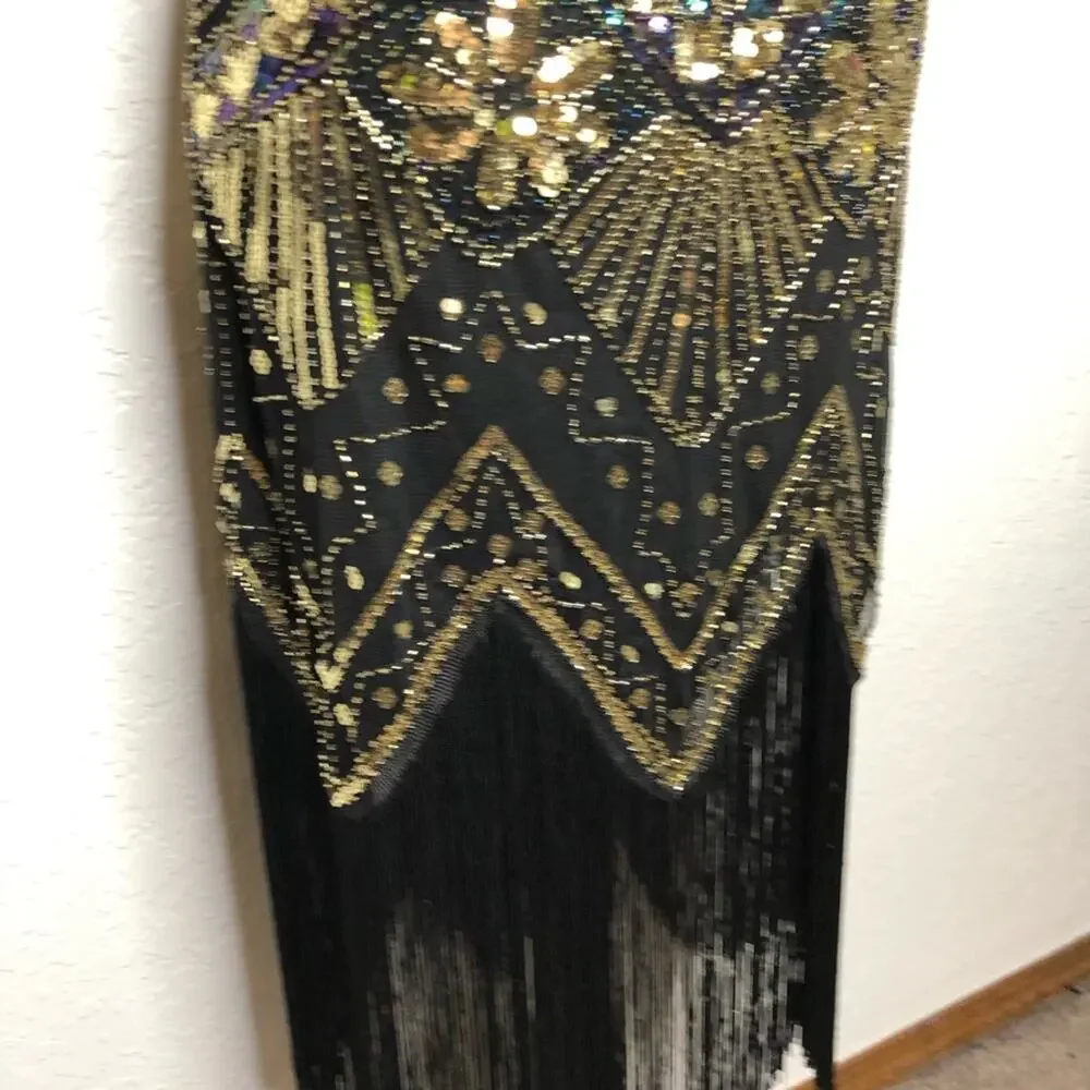 Vintage black gold sequin beaded fringe trim sleeveless midi dress size Small
